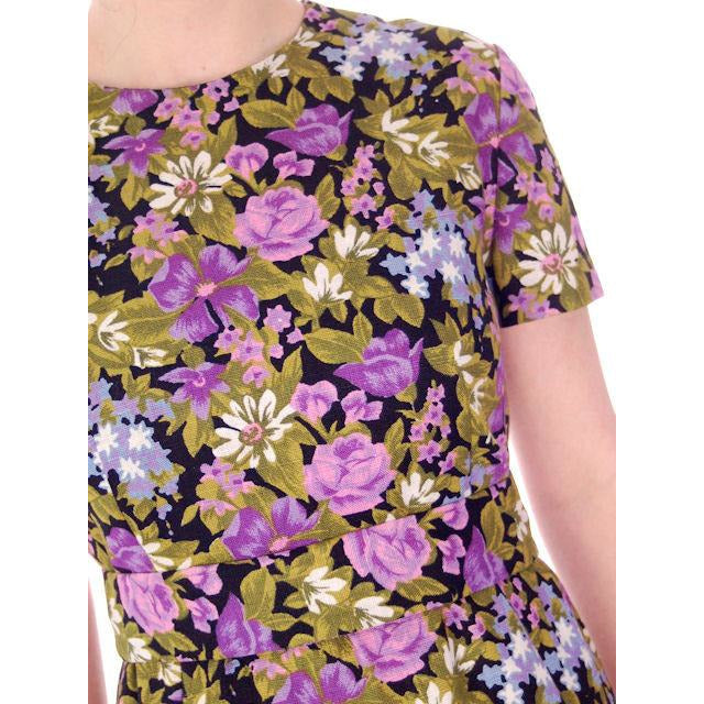 Vintage Linen Day Dress Black Purple/Green Print 1970S 38-31-42 Cart2cart The Best Vintage Clothing