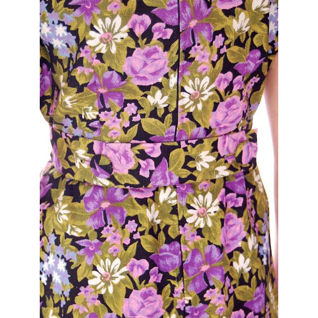 Vintage Linen Day Dress Black Purple/Green Print 1970S 38-31-42 Cart2cart The Best Vintage Clothing