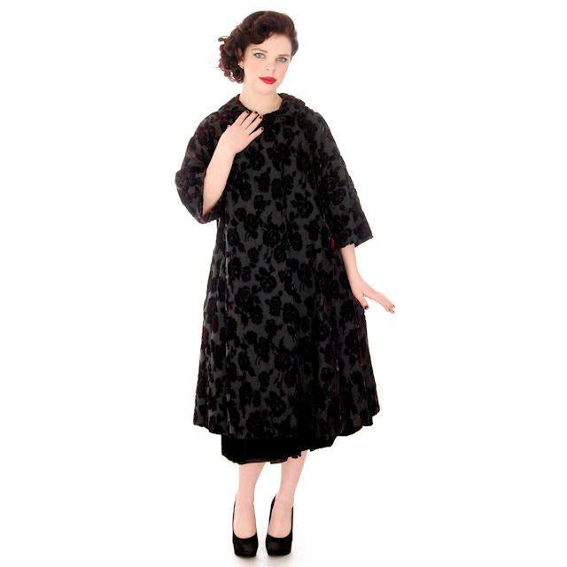 Vintage Fernande Desgranges France Burn-Out Velvet Evening Coat 1950s S-M New Arrivals,Women's Desgranges
