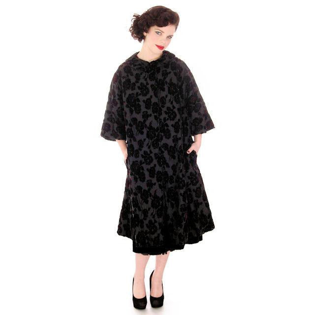 Vintage Fernande Desgranges France Burn-Out Velvet Evening Coat 1950s S-M New Arrivals,Women's Desgranges