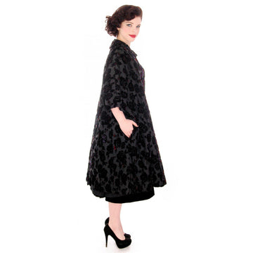 Vintage Fernande Desgranges France Burn-Out Velvet Evening Coat 1950s S-M New Arrivals,Women's Desgranges