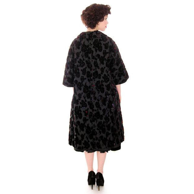 Vintage Fernande Desgranges France Burn-Out Velvet Evening Coat 1950s S-M New Arrivals,Women's Desgranges