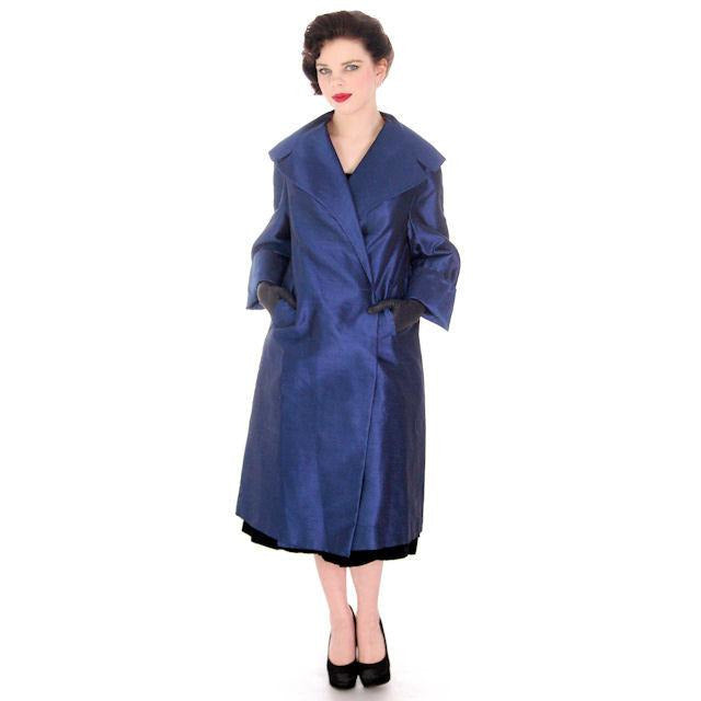 Vintage Silk Swing Coat Sapphire Blue La Palliere Paris France 1950s up to 46" bust - The Best Vintage Clothing
 - 1