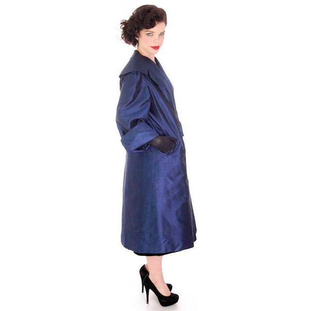 Vintage Silk Swing Coat Sapphire Blue La Palliere Paris France 1950s up to 46" bust Women's,New Arrivals vendor-unknown