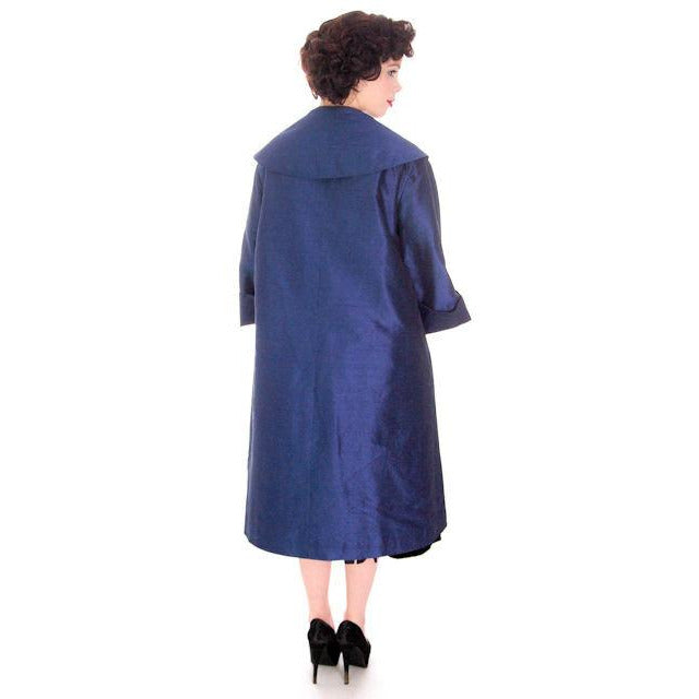 Vintage Silk Swing Coat Sapphire Blue La Palliere Paris France 1950s up to 46" bust Women's,New Arrivals vendor-unknown