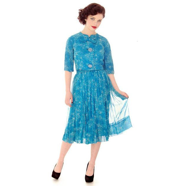 Vintage Silk Chiffon 2Pc Dress/Jacket Blue Floral 1950S Bergdorf On The Plaza 34 - The Best Vintage Clothing
 - 1