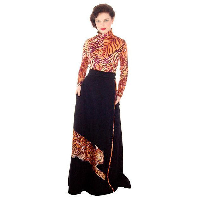 Vintage Black Maxi Skirt w/ Large Leopard Applique 1970s Periphery Waist 30-Hips 42 Women's,New Arrivals Periphery