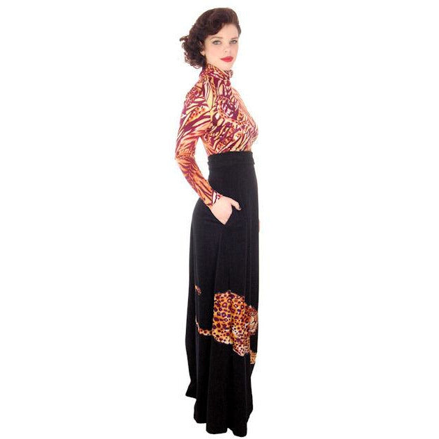 Vintage Black Maxi Skirt w/ Large Leopard Applique 1970s Periphery Waist 30-Hips 42 Women's,New Arrivals Periphery