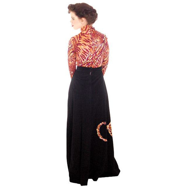 Vintage Black Maxi Skirt w/ Large Leopard Applique 1970s Periphery Waist 30-Hips 42 Women's,New Arrivals Periphery