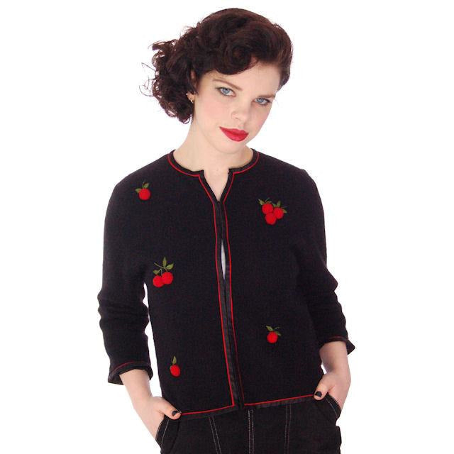 Vintage Black Cashmere Sweater w/3D Cherries 1950s 37" Bust Women's,New Arrivals The Best Vintage Clothing