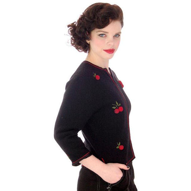 Vintage Black Cashmere Sweater w/3D Cherries 1950s 37" Bust Women's,New Arrivals The Best Vintage Clothing