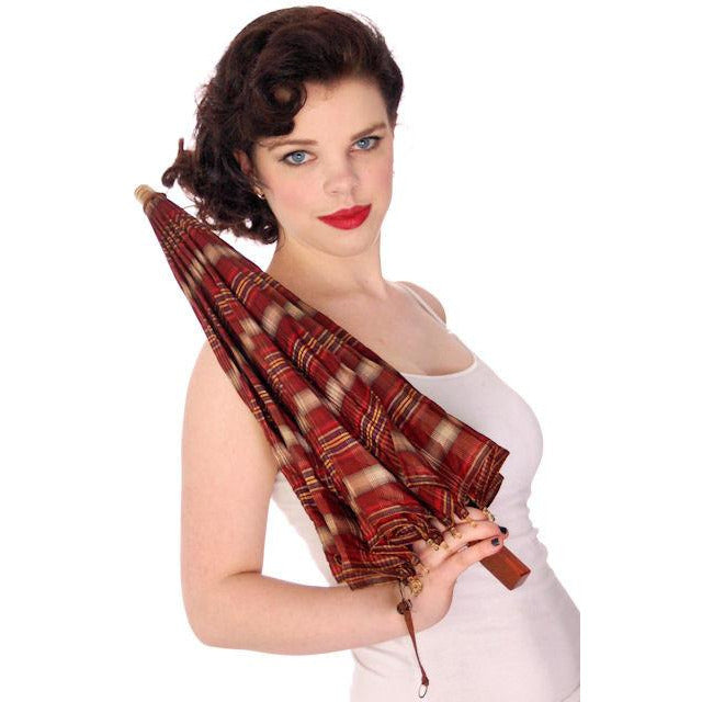 Vintage Plaid Umbrella Parasol w/Amber Lucite Handle 1940s Cherry! Accessories,New Arrivals vendor-unknown