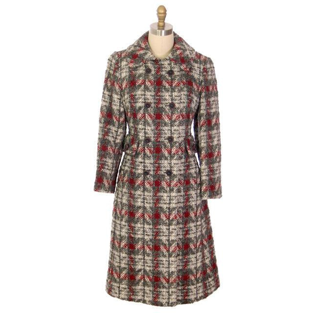 Vintage Ladies Wool Coat Gray & Red Plaid 1970 Classic Style 36 Bust Women's The Best Vintage Clothing