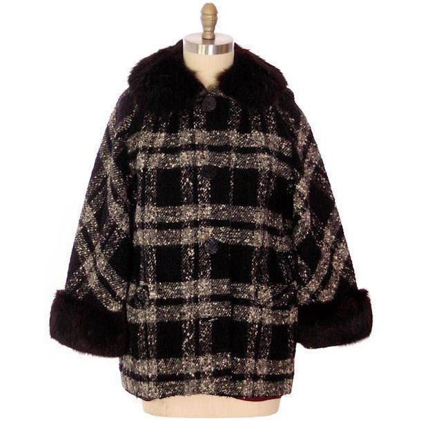 Vintage Car Coat Black & White Mohair Tweed Fur Collar 1950s up to 46" Bust - The Best Vintage Clothing
 - 1