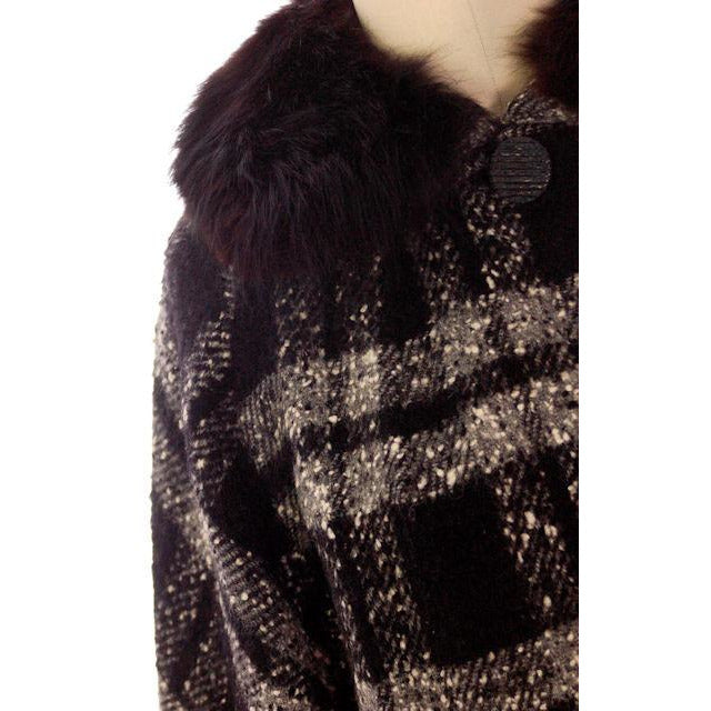 Vintage Car Coat Black & White Mohair Tweed Fur Collar 1950s up to 46" Bust Women's The Best Vintage Clothing