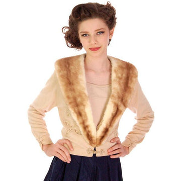 Vintage Beige Cashmere Cardigan Lace Cut Outs Mink Collar 1950s Women's,New Arrivals The Best Vintage Clothing