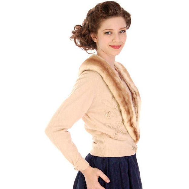 Vintage Beige Cashmere Cardigan Lace Cut Outs Mink Collar 1950s Women's,New Arrivals The Best Vintage Clothing