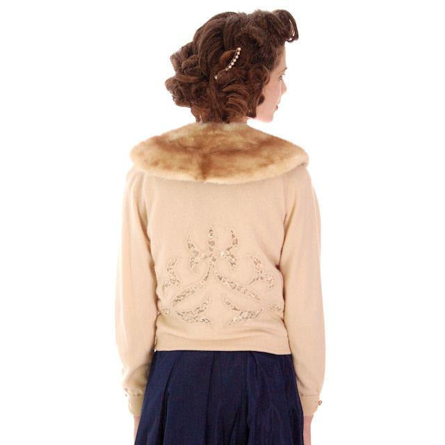 Vintage Beige Cashmere Cardigan Lace Cut Outs Mink Collar 1950s Women's,New Arrivals The Best Vintage Clothing