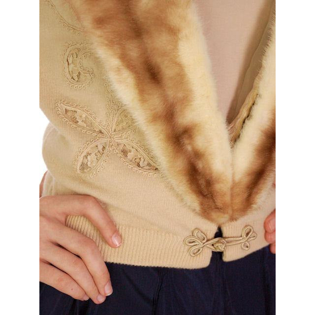 Vintage Beige Cashmere Cardigan Lace Cut Outs Mink Collar 1950s Women's,New Arrivals The Best Vintage Clothing