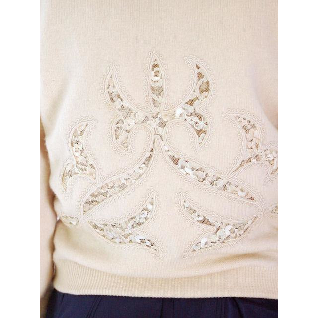 Vintage Beige Cashmere Cardigan Lace Cut Outs Mink Collar 1950s Women's,New Arrivals The Best Vintage Clothing