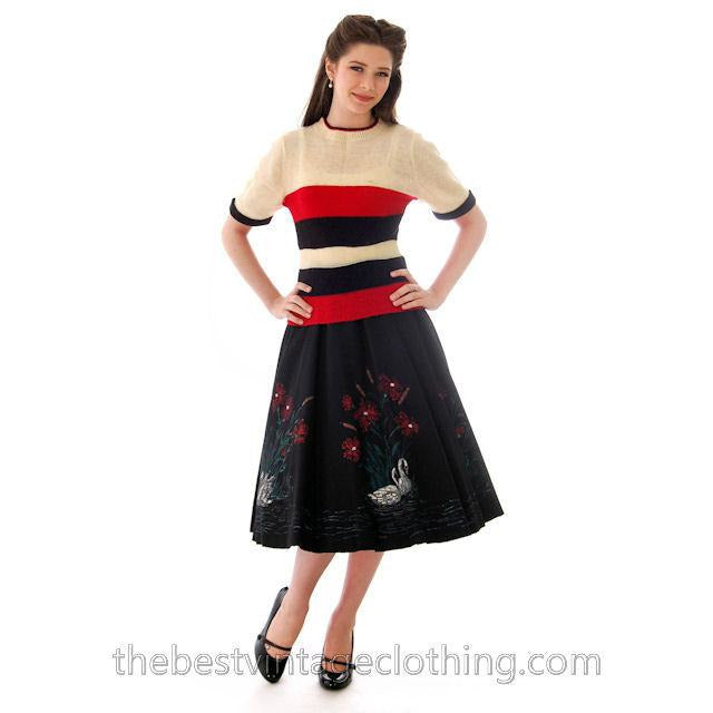 Vintage Circle Skirt Hand Painted Felt 1950s Small Smart Set New Arrivals,Women's Smart Set