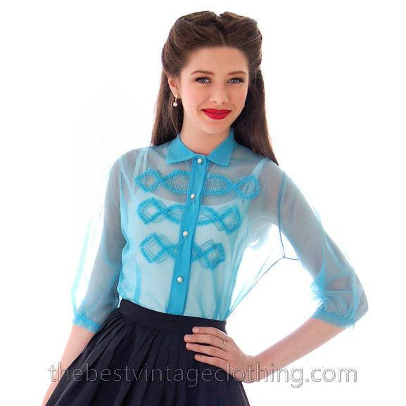 Adorable Vintage 1940s Sheer Nylon Blouse Robins Egg Blue Embellished Small Women's,New Arrivals The Best Vintage Clothing