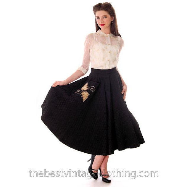 Vintage Quilted Circle Skirt Black Gold Glittery Leaf Motif Pocket 1940s 24 Waist - The Best Vintage Clothing
 - 1