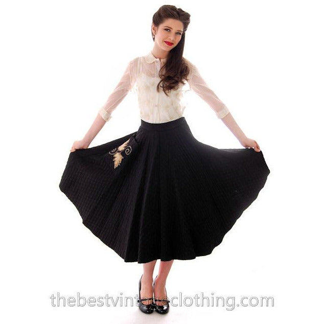Vintage Quilted Circle Skirt Black Gold Glittery Leaf Motif Pocket 1940s 24 Waist Women's,New Arrivals The Best Vintage Clothing