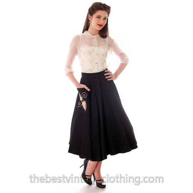 Vintage Quilted Circle Skirt Black Gold Glittery Leaf Motif Pocket 1940s 24 Waist Women's,New Arrivals The Best Vintage Clothing