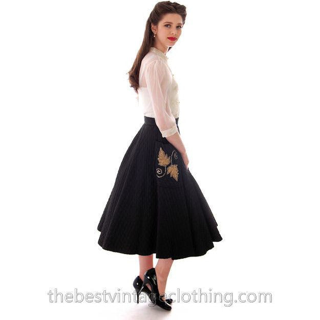 Vintage Quilted Circle Skirt Black Gold Glittery Leaf Motif Pocket 1940s 24 Waist Women's,New Arrivals The Best Vintage Clothing