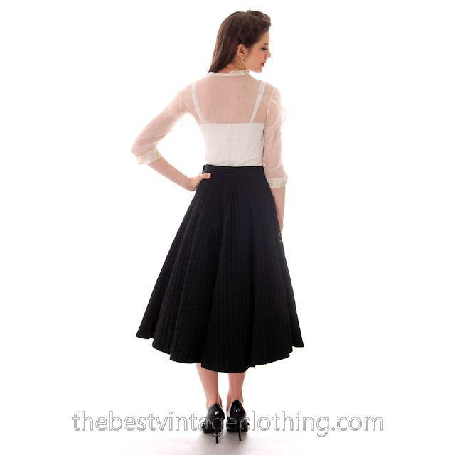 Vintage Quilted Circle Skirt Black Gold Glittery Leaf Motif Pocket 1940s 24 Waist Women's,New Arrivals The Best Vintage Clothing