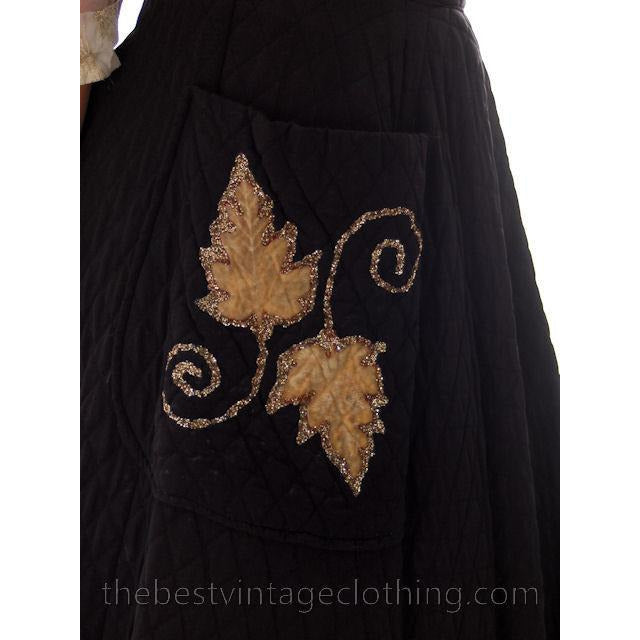 Vintage Quilted Circle Skirt Black Gold Glittery Leaf Motif Pocket 1940s 24 Waist Women's,New Arrivals The Best Vintage Clothing