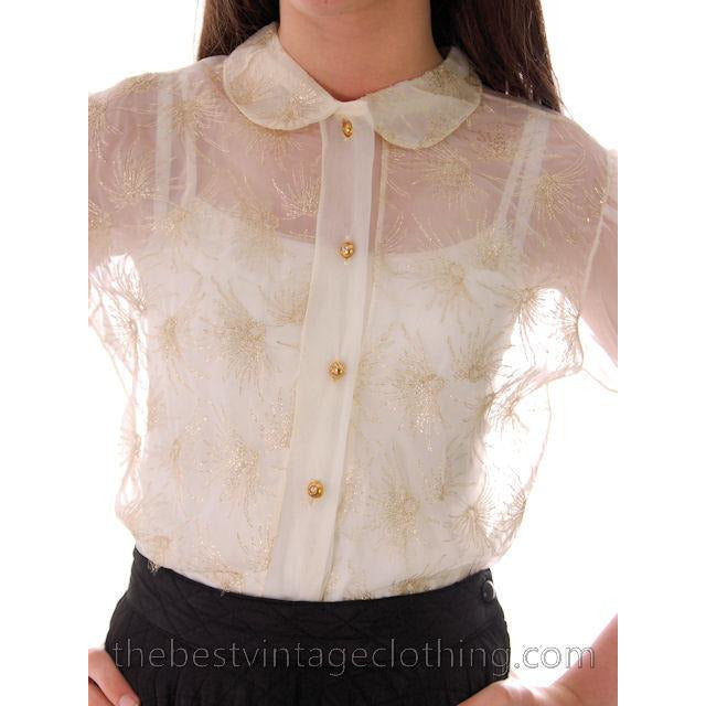 Vintage Sheer Nylon Blouse Gold Metallic Starbursts 1940s Small - The Best Vintage Clothing
 - 1