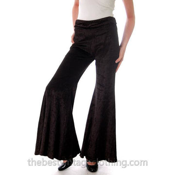 VTG 1970s Womens Pants Black Stretch Velour Huge Bell Bottoms Med Women's vendor-unknown