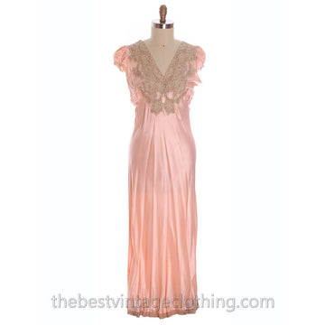 Gorgeous Vintage Peach Rayon Charmeuse Satin Lace NOS Nightgown Boudoir XL Plus Bias Cut lingerie The Best Vintage Clothing