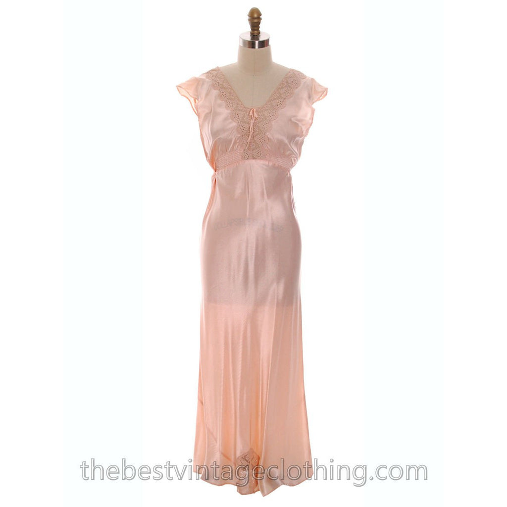 Lovely NOS Vintage 1930s Bias Cut Nightgown Peach Rayon Satin M Pretty Details The Best Vintage Clothing