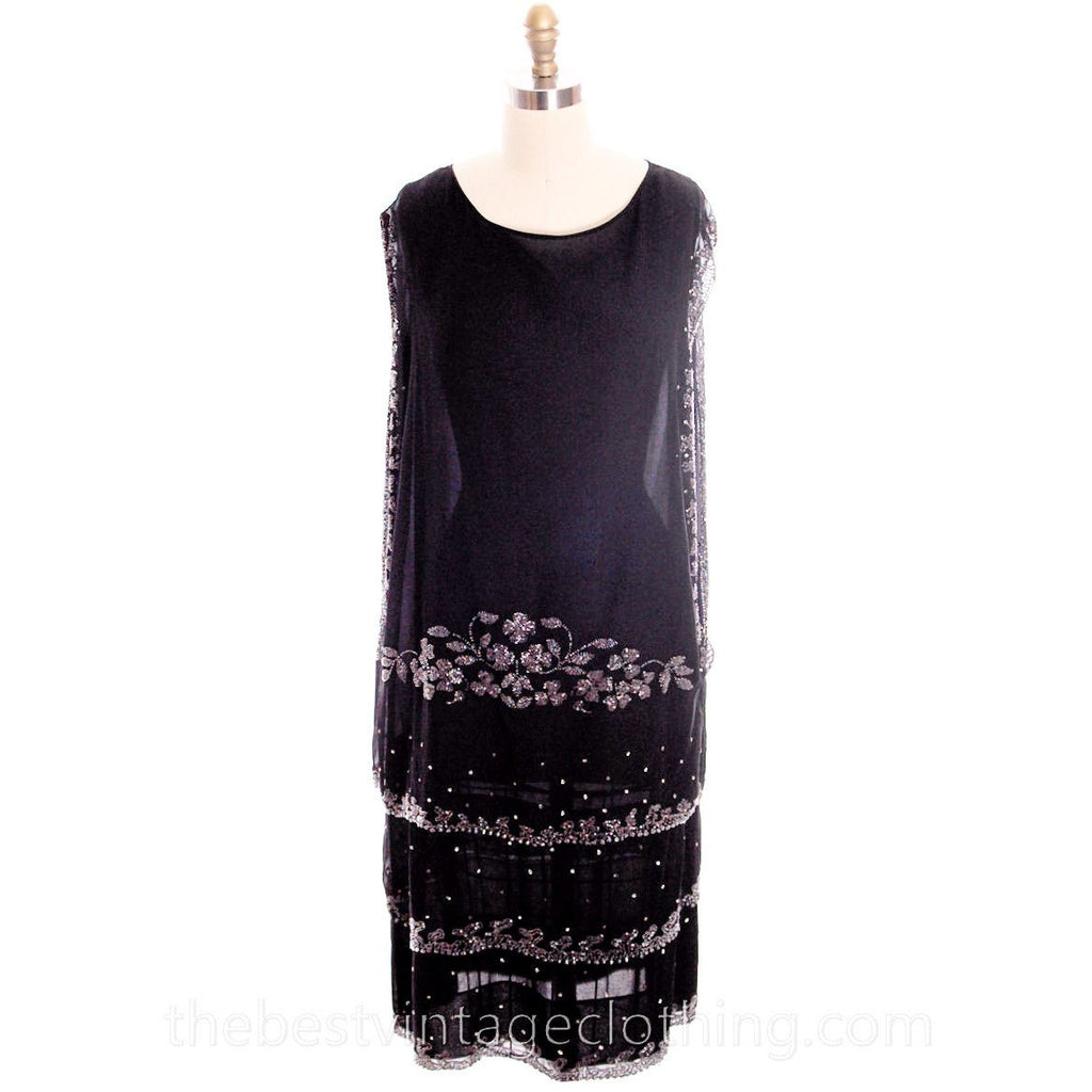 Stunning Antique 1920s Flapper Dress Beaded Black Chiffon Rhinestones Art Deco Near Mint 42 Bust dress The Best Vintage Clothing