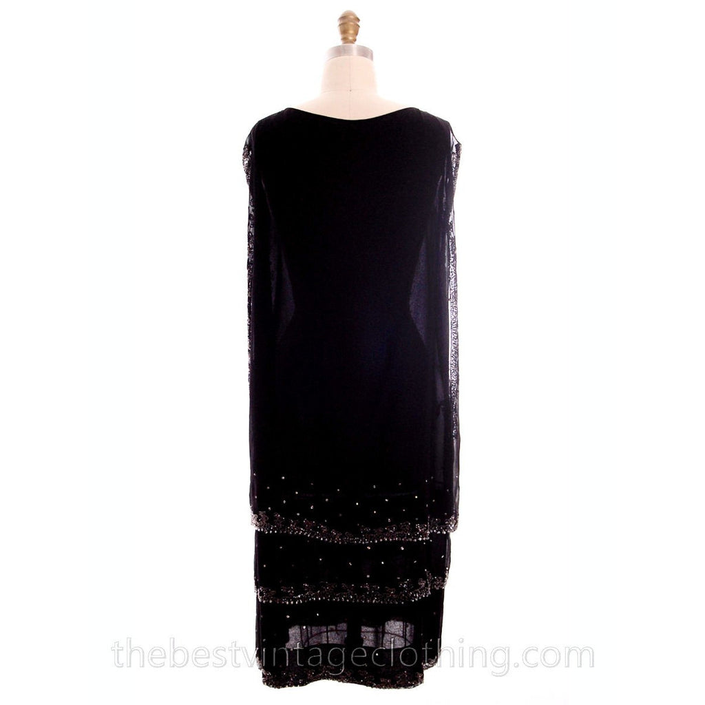 Stunning Antique 1920s Flapper Dress Beaded Black Chiffon Rhinestones Art Deco Near Mint 42 Bust dress The Best Vintage Clothing