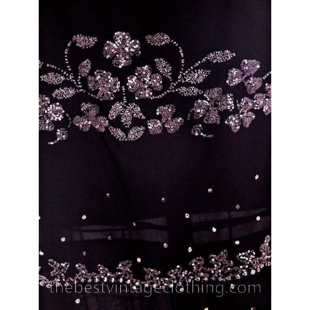 Stunning Antique 1920s Flapper Dress Beaded Black Chiffon Rhinestones Art Deco Near Mint 42 Bust dress The Best Vintage Clothing