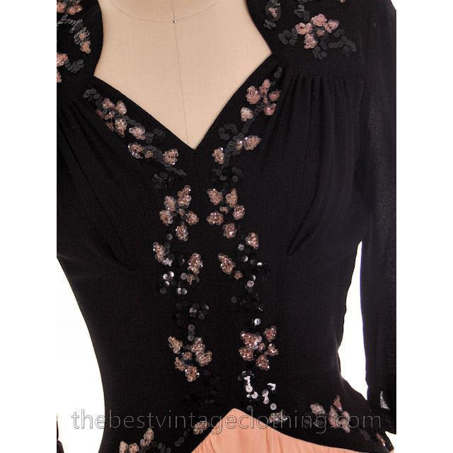 Lovely Vintage 1940s Evening Dress Pink & Black Sequinned Bodice 34-26-Free dress The Best Vintage Clothing