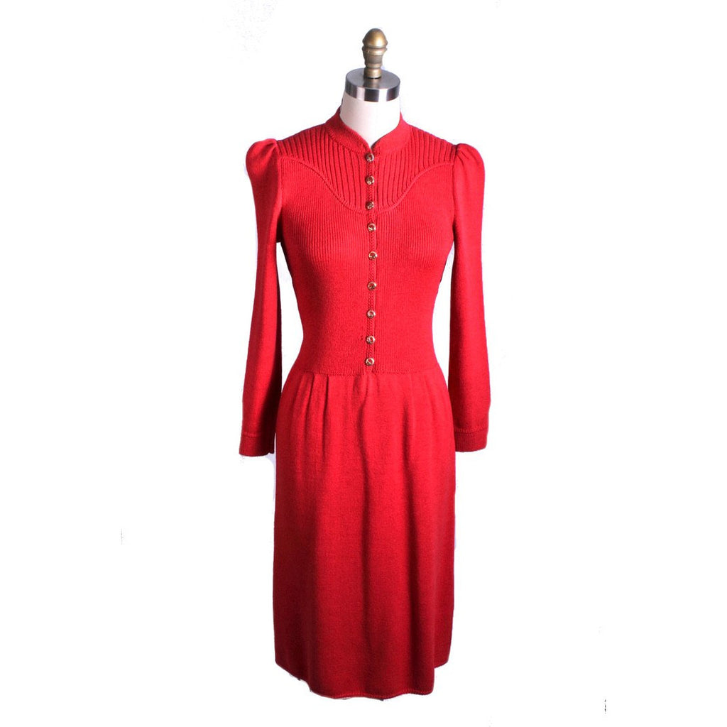 St. John Knit Vintage Red Wool Knit Dress 1970s S-M Amazing Buttons Women's The Best Vintage Clothing