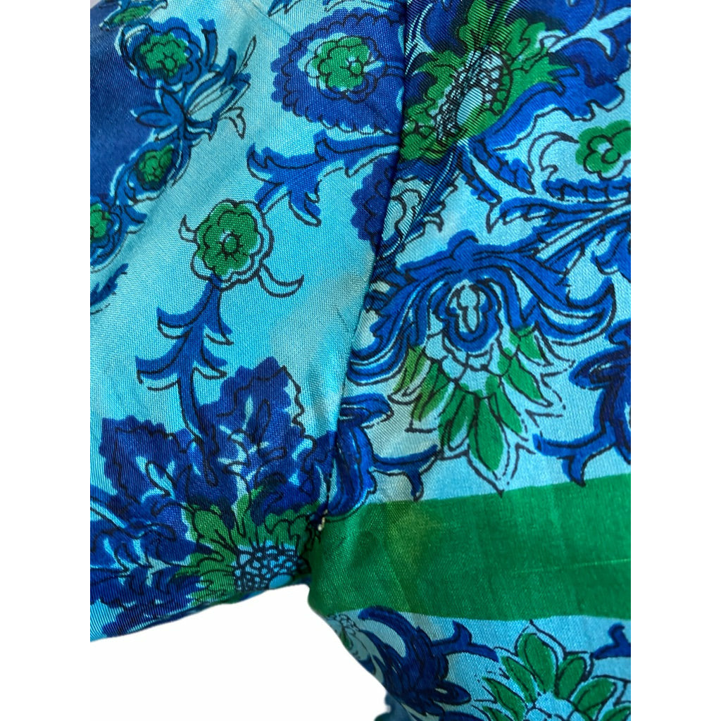 VTG Arkay Silk Dress 50s Hooded Unique Blue Floral Border S Day Dress Zip Front Dresses The Best Vintage Clothing