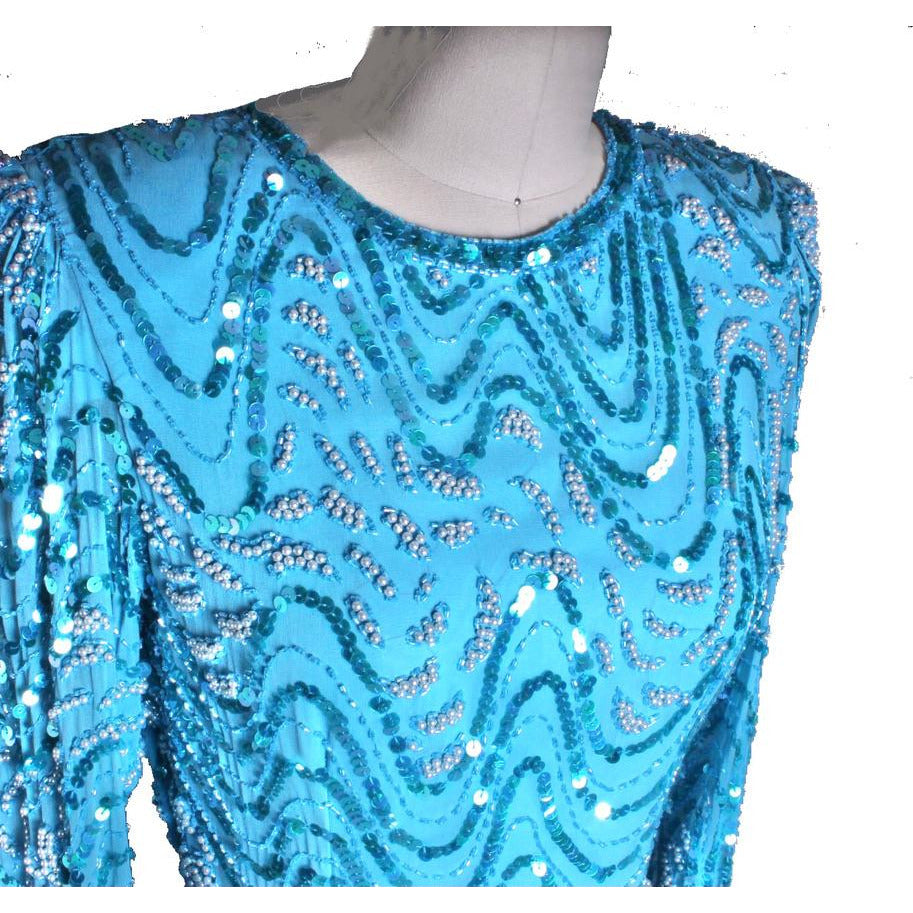 1980s Vintage Evening Glam Dress Turquoise Sequins Twilight Connection Womens M dress The Best Vintage Clothing
