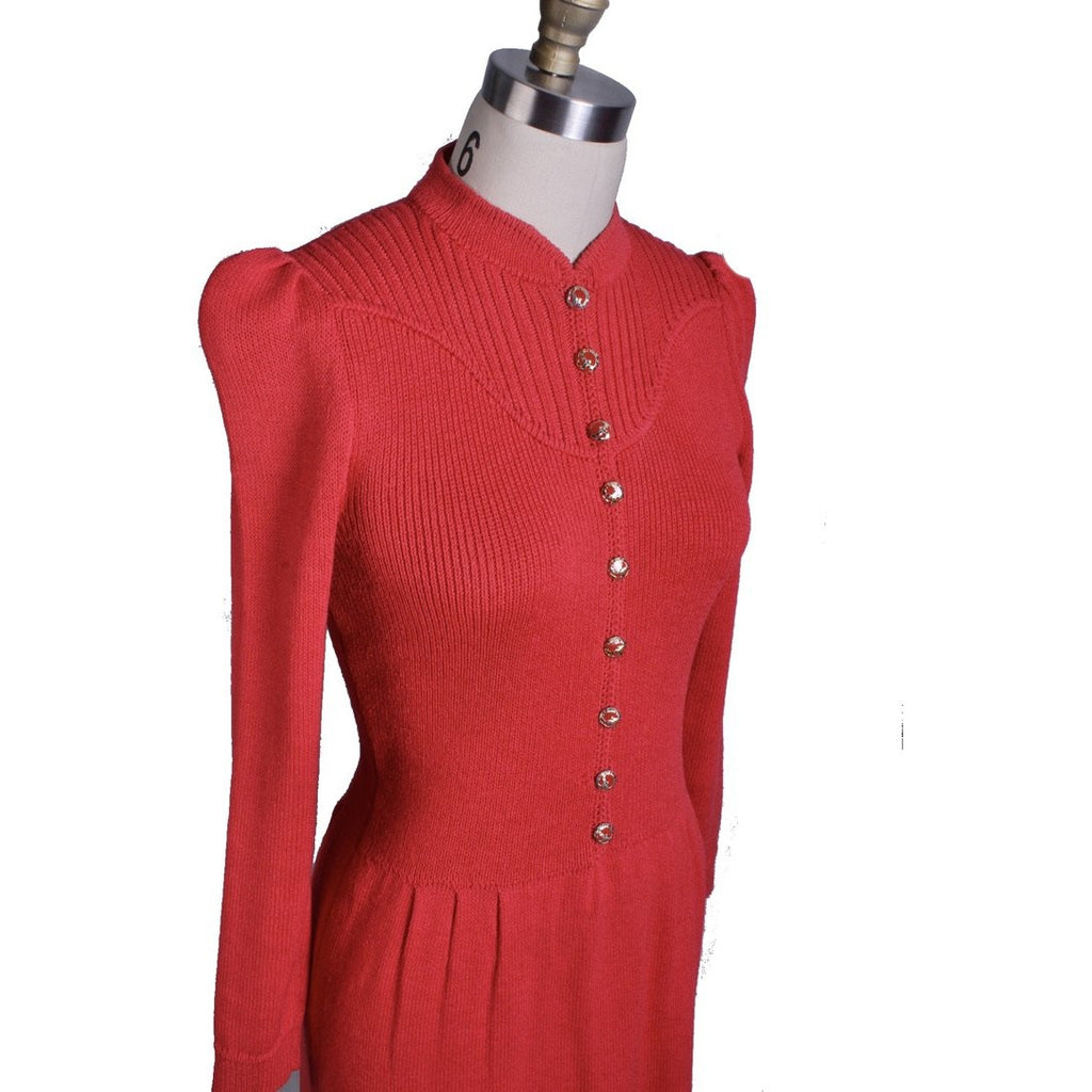 St. John Knit Vintage Red Wool Knit Dress 1970s S-M Amazing Buttons Women's The Best Vintage Clothing