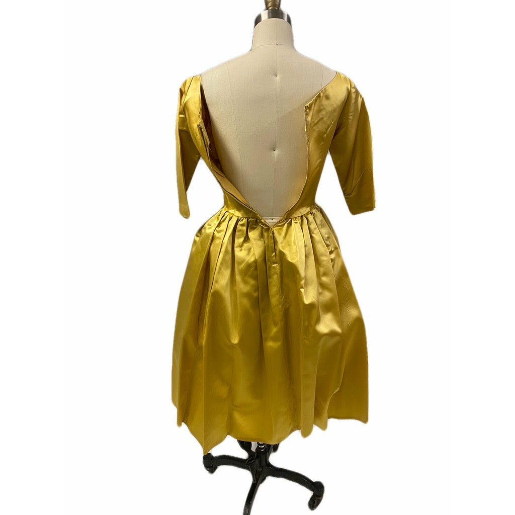 Vintage 1960s Gold Satin Taffeta Cocktail Dress + Detachable Long Skirt XS Dresses The Best Vintage Clothing