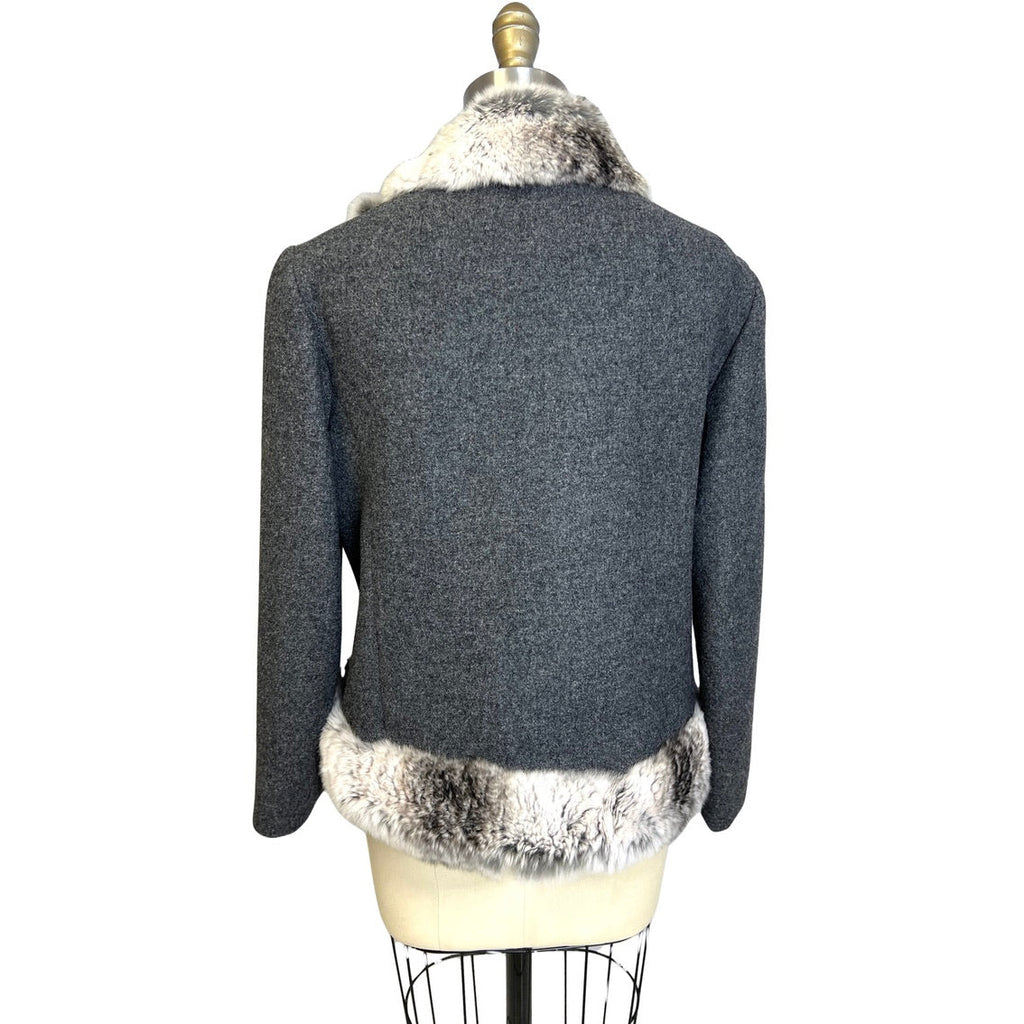 Vtg 1970s Boxy Charcoal Gray Wool Jacket Chinchilla Fur Trim Womens M coat The Best Vintage Clothing
