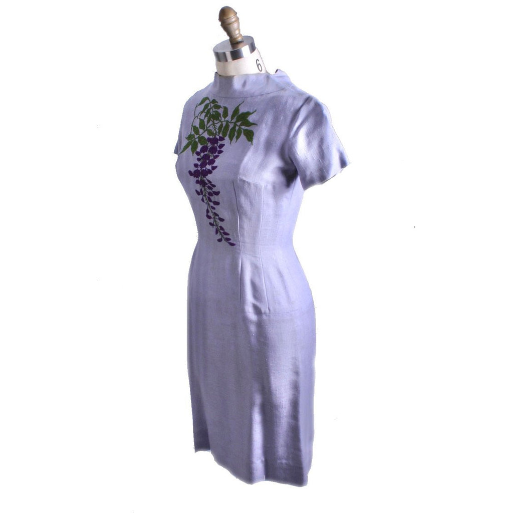 Vintage Jeane Scott Wiggle Dress 1950s Lavender Linen Wisteria Motif Womens S Women's,New Arrivals The Best Vintage Clothing