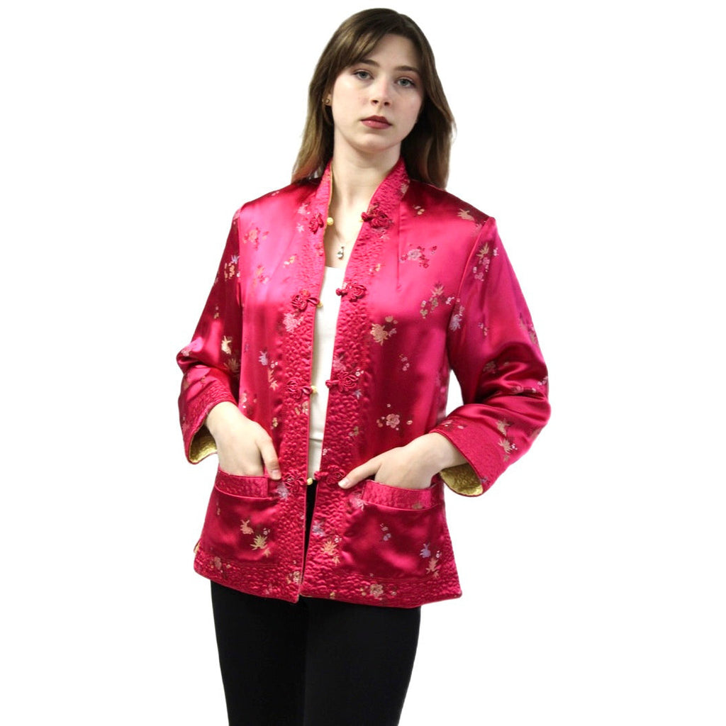 Vintage Pink/Yellow Satin Reversible Damask Jacket 1950s S/M Japan coat The Best Vintage Clothing