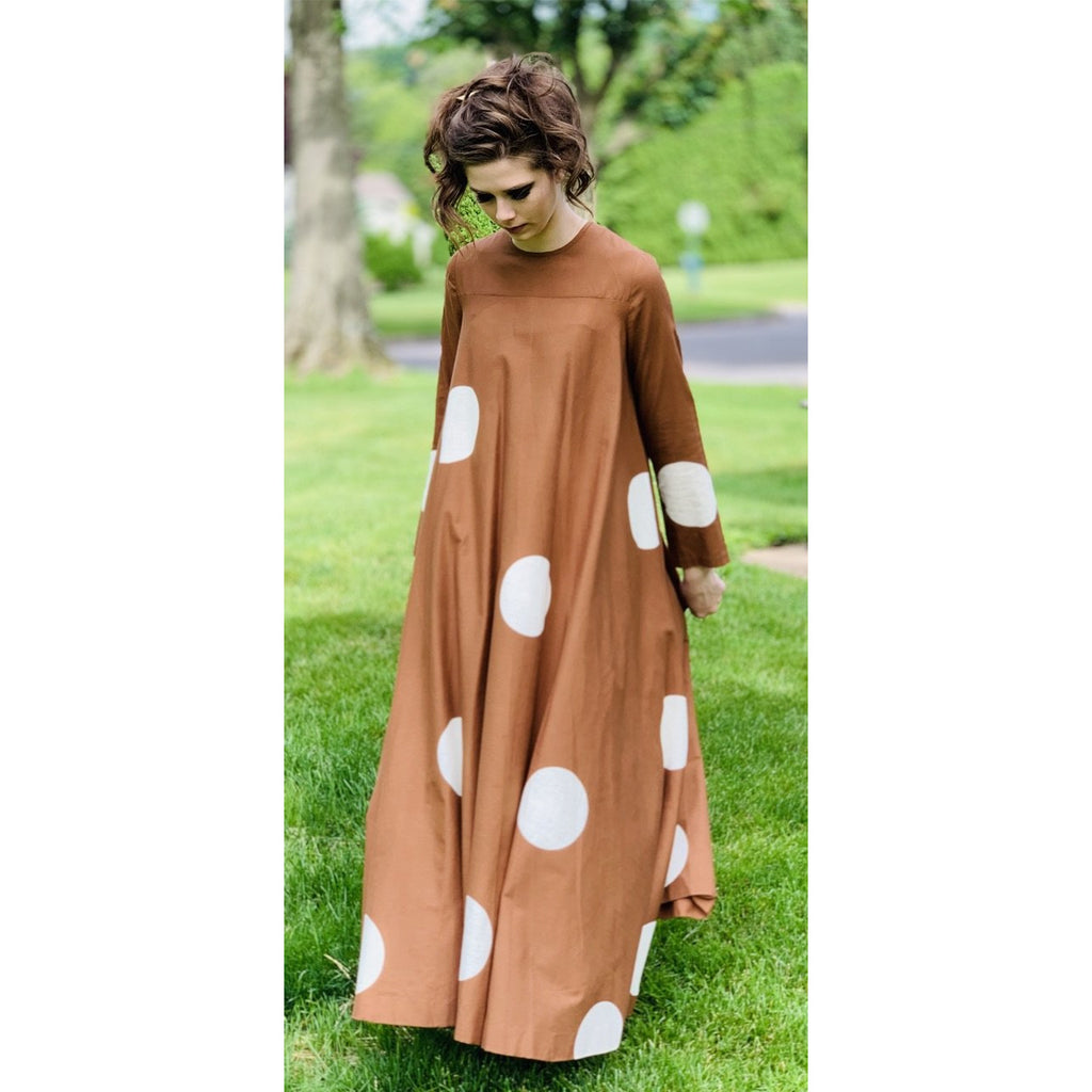 Vuokko 1970 Pallo Annika RImala Vintage Tent Gown Cotton Brown and White Polka Dot Sz 38 marimekko The Best Vintage Clothing