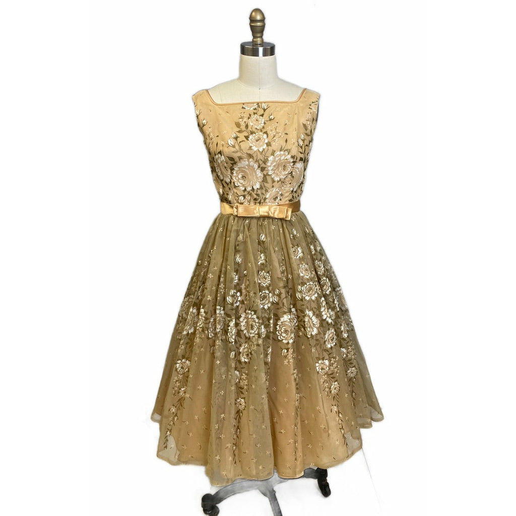 VTG Dress 50s Sheer Nylon Overlay Full Skirt Day/Party Gold White Hand Painted S Dresses The Best Vintage Clothing